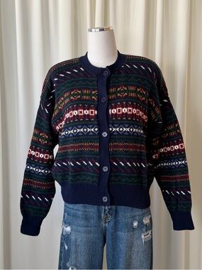 Vintage 90s SML Sport Fair Isle Cardigan Sweater Multicolored Cotton Knit Medium